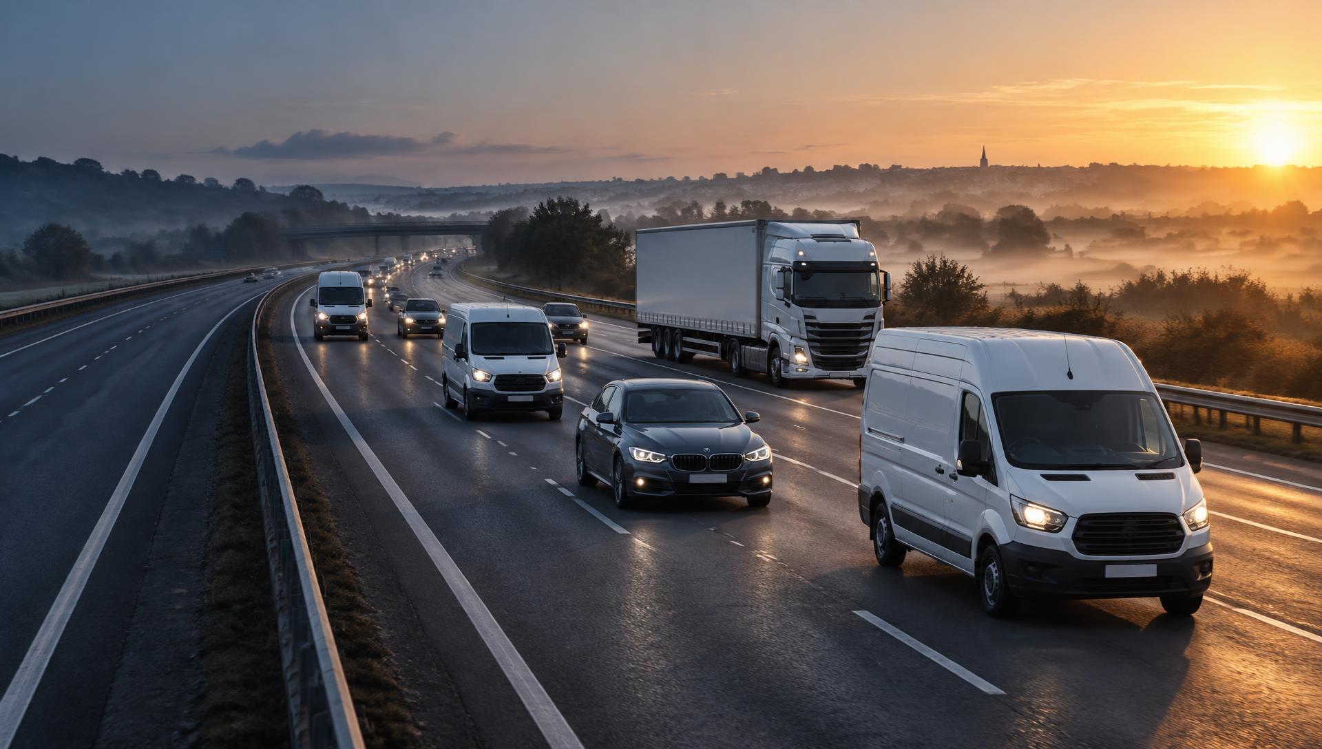 Commercial vans, cars and an HGV travelling on a UK motorway